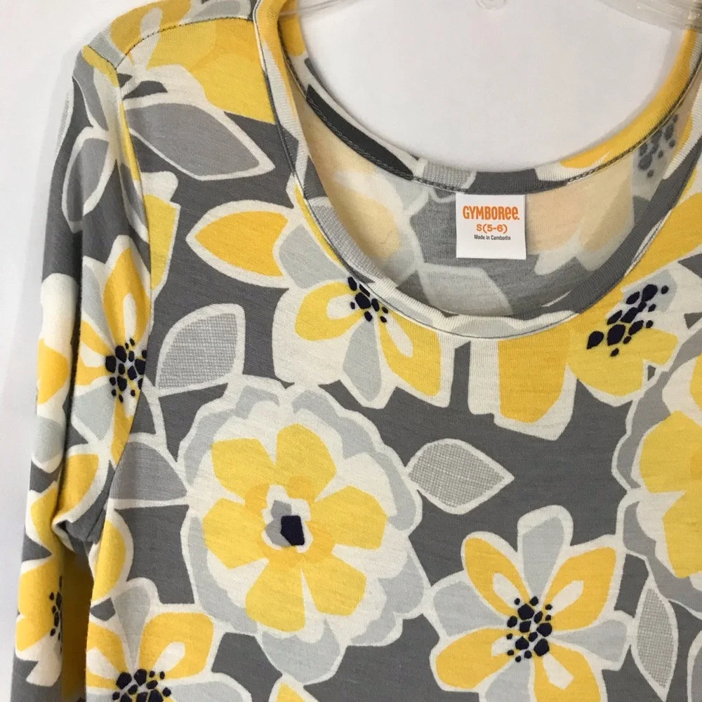 GYMBOREE Maxi Dress Size 6 A-Symmetrical Yellow Gray Floral 3/4 Sleeve